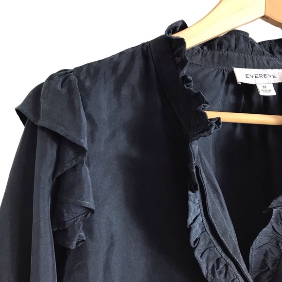 Evereve Medium Navy Thea Washed Satin Ruffle Button Down Shirt Capsule - Picture 2 of 8